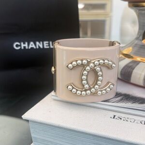CHANEL Pink Pearl-Embellished Resin Cuff Bracelet
